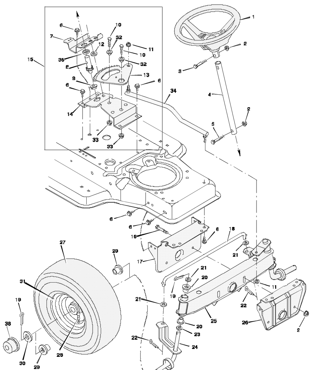 Steering Diagram and Parts List for 31720X51A 1997 Briggs and Stratton Lawn Tractor